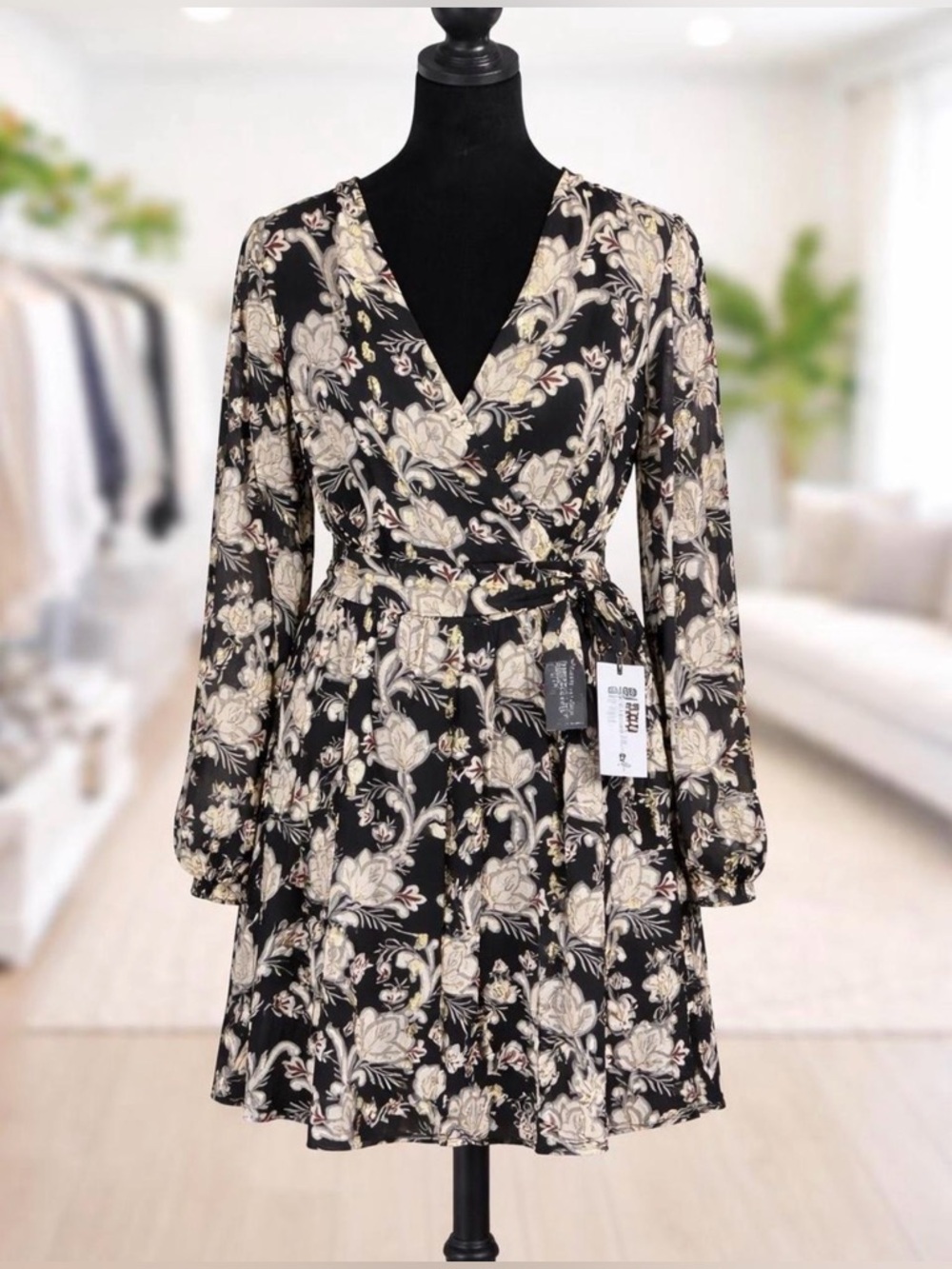 White House Black Market Floral Wrap Mini Dress Size 12 NWT Black Gold V-Neck